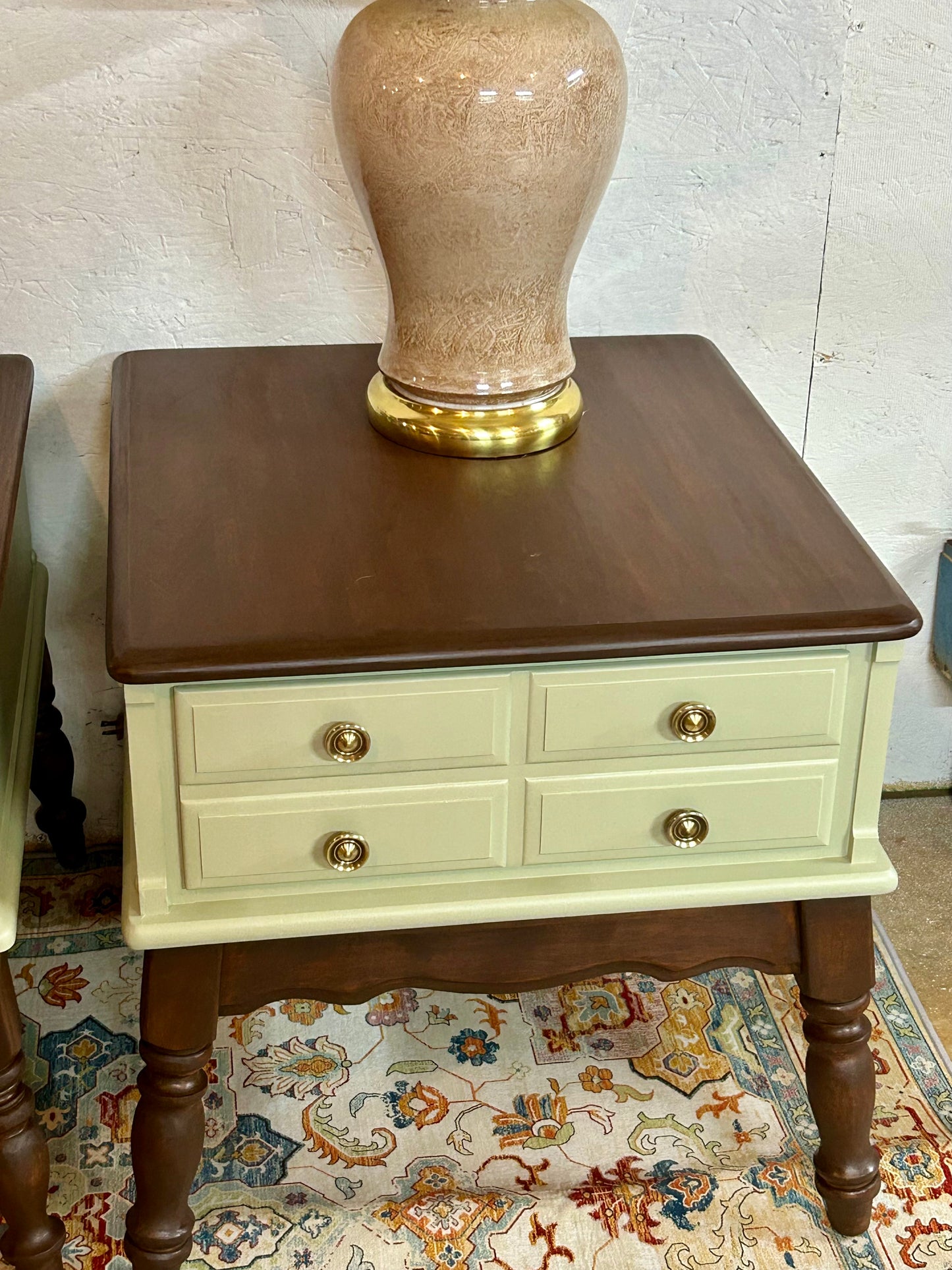 Farmhouse Style Solid Wood End Tables – Sage Green & Tobacco (Set of 2)