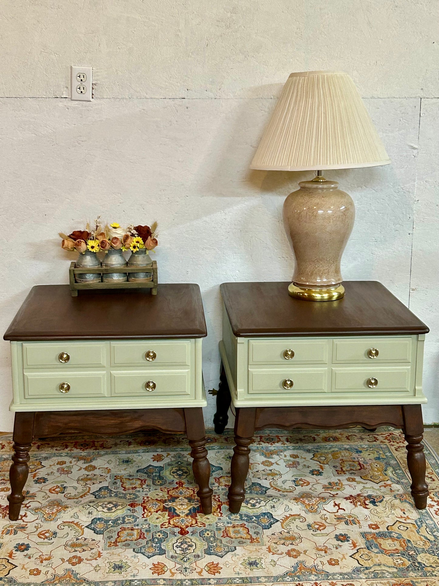 Farmhouse Style Solid Wood End Tables – Sage Green & Tobacco (Set of 2)