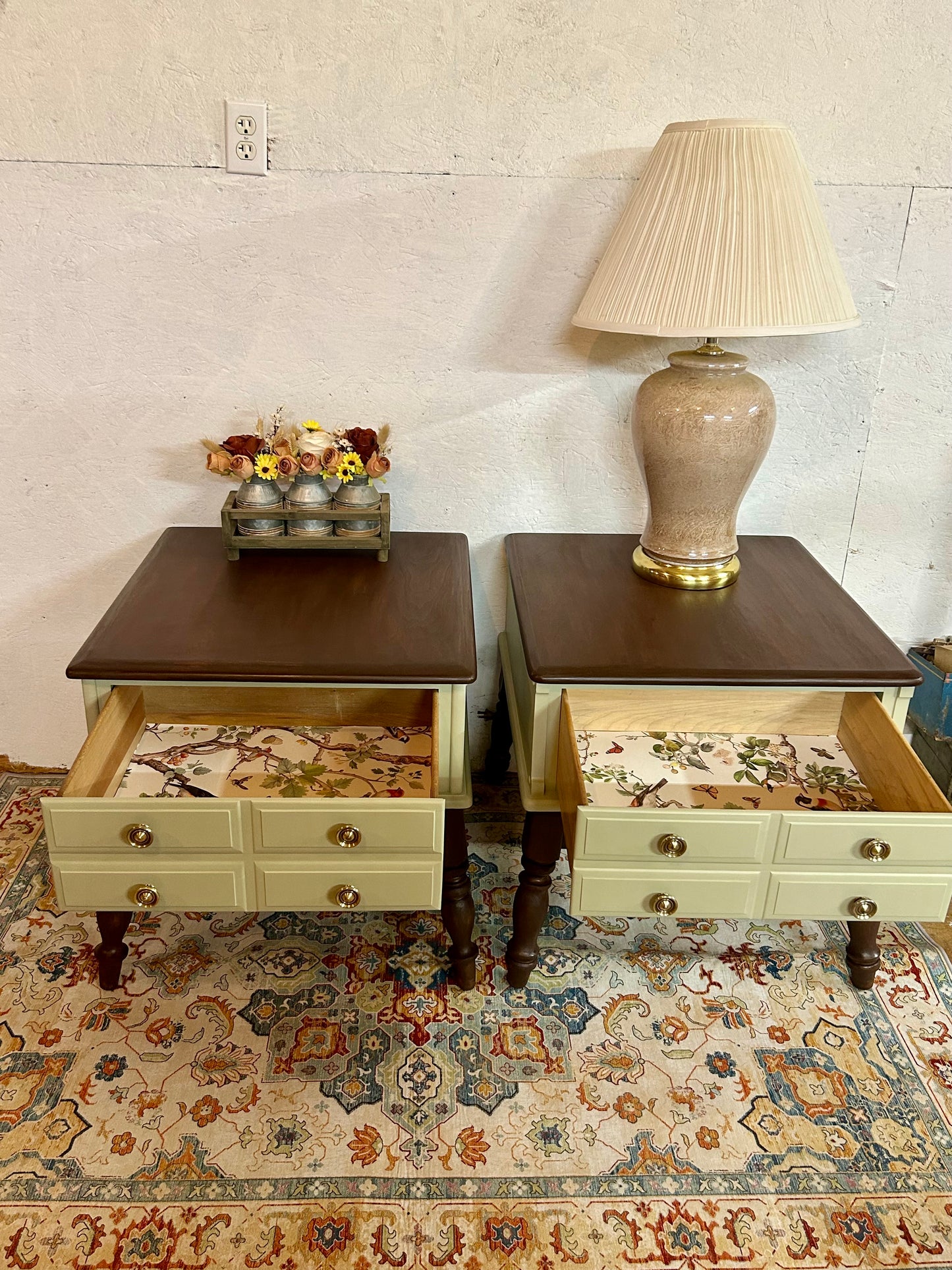 Farmhouse Style Solid Wood End Tables – Sage Green & Tobacco (Set of 2)