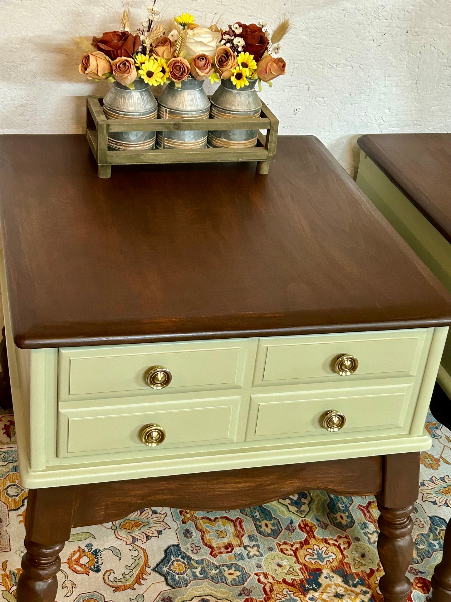 Farmhouse Style Solid Wood End Tables – Sage Green & Tobacco (Set of 2)