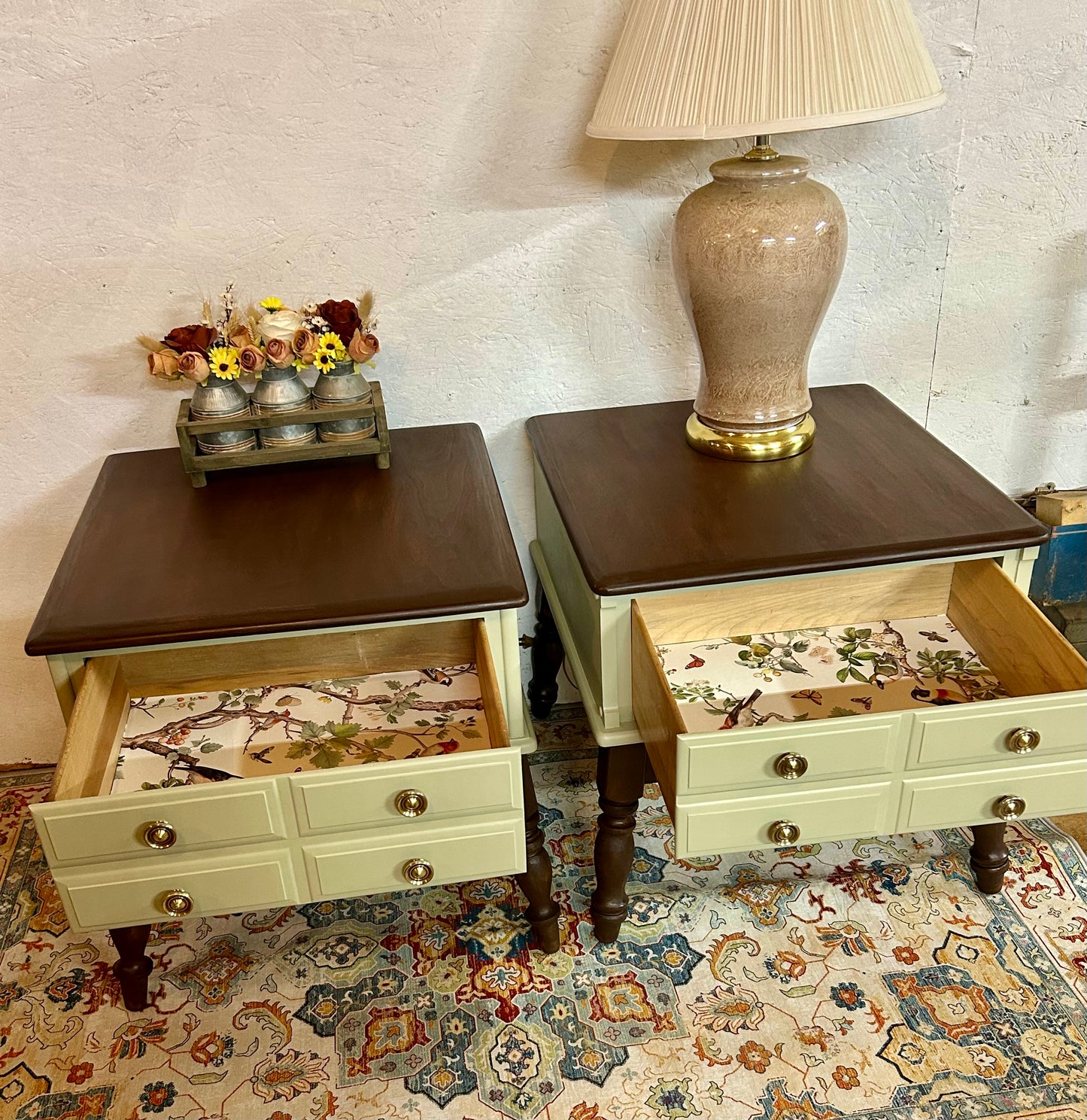 Farmhouse Style Solid Wood End Tables – Sage Green & Tobacco (Set of 2)
