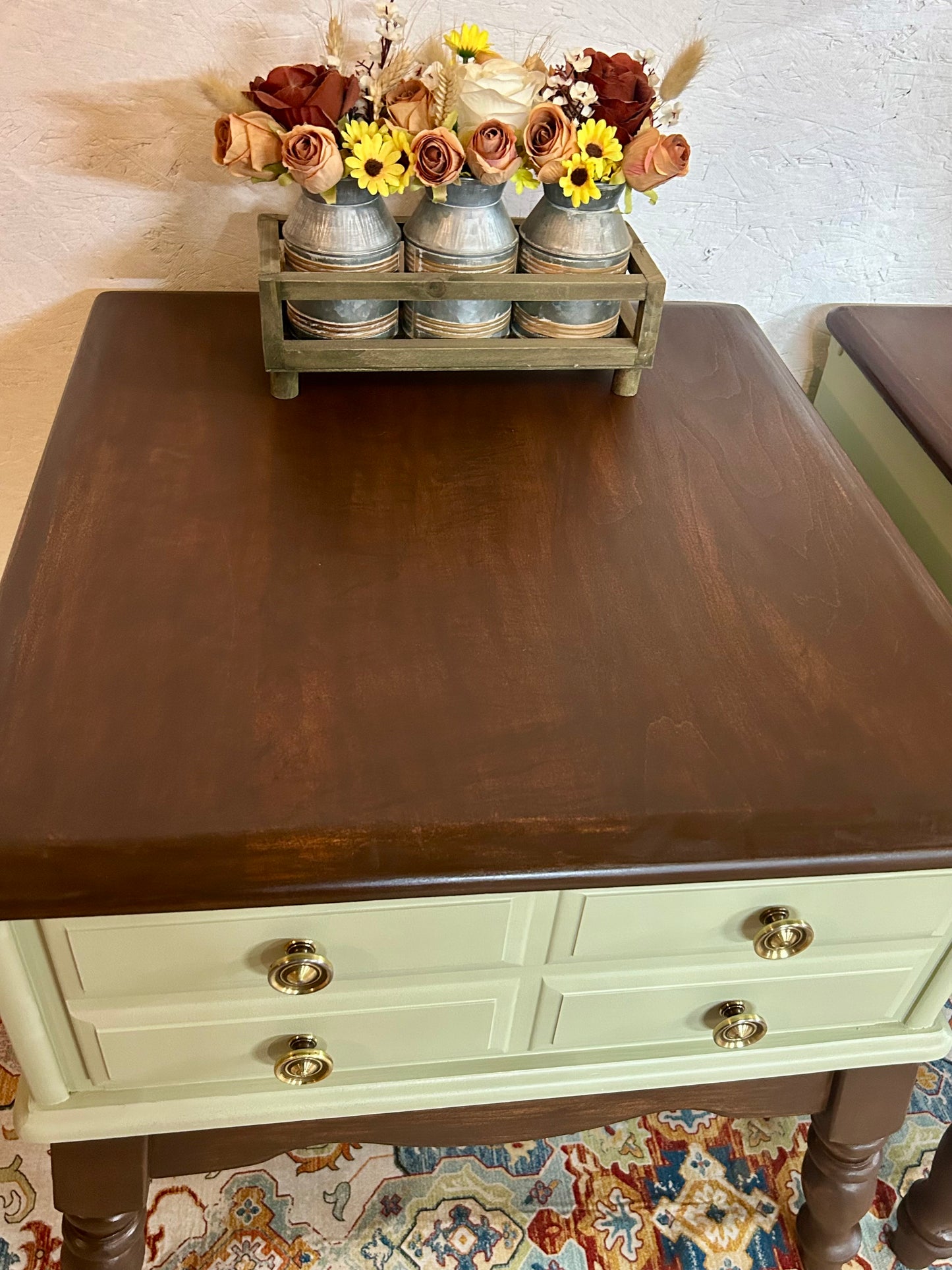 Farmhouse Style Solid Wood End Tables – Sage Green & Tobacco (Set of 2)