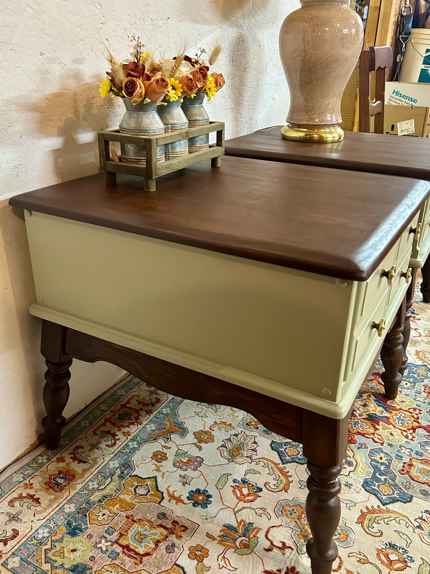 Farmhouse Style Solid Wood End Tables – Sage Green & Tobacco (Set of 2)