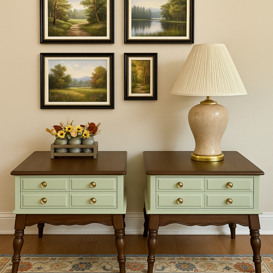 Farmhouse Style Solid Wood End Tables – Sage Green & Tobacco (Set of 2)